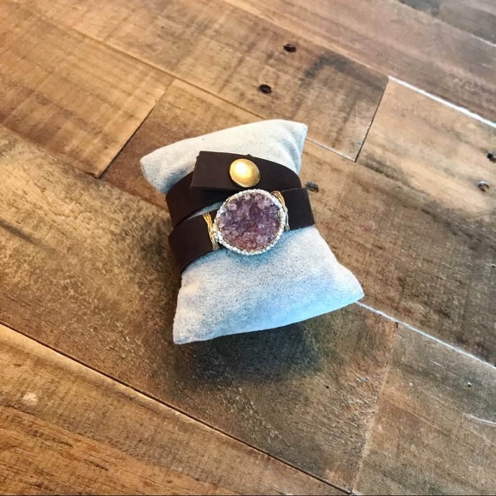 Amethyst druzy leather wrap bracelet with snap